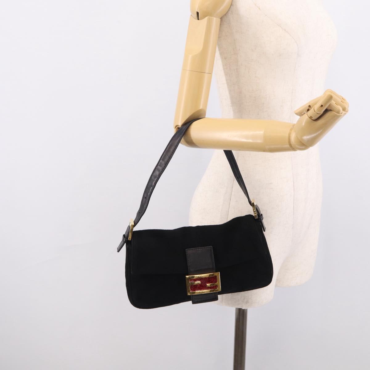 FENDI Mamma Baguette Shoulder Bag Suede Black Gold Auth 211783V