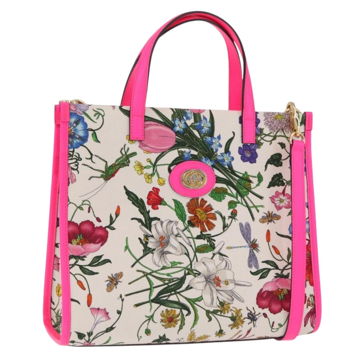 GUCCI Flora Hand Bag Canvas 2way Beige Gold 550141 Auth 211784V