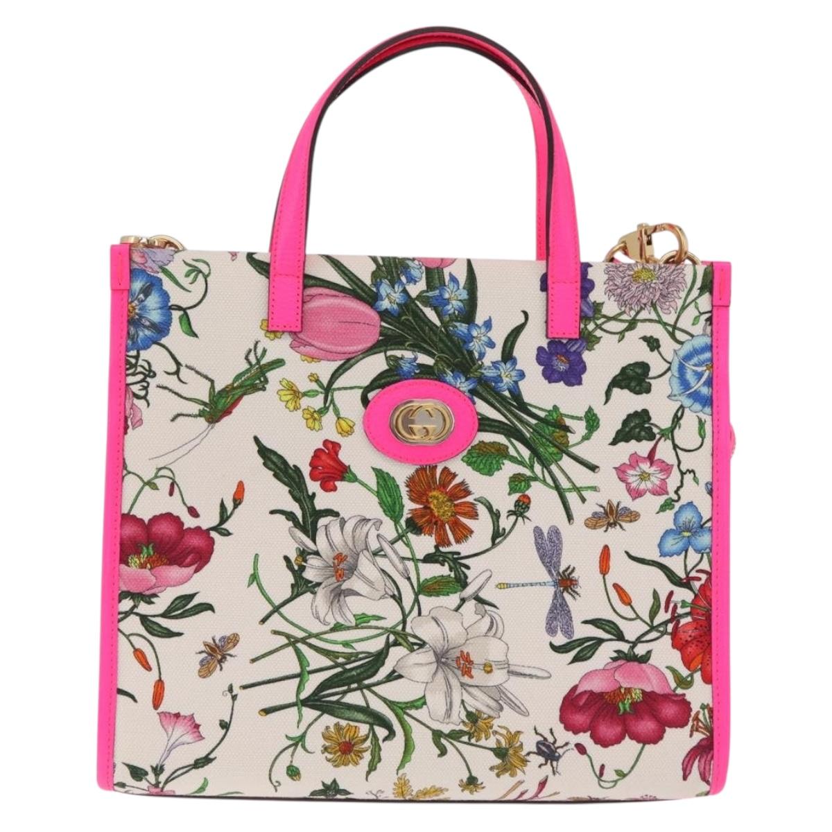 GUCCI Flora Hand Bag Canvas 2way Beige Gold 550141 Auth 211784V