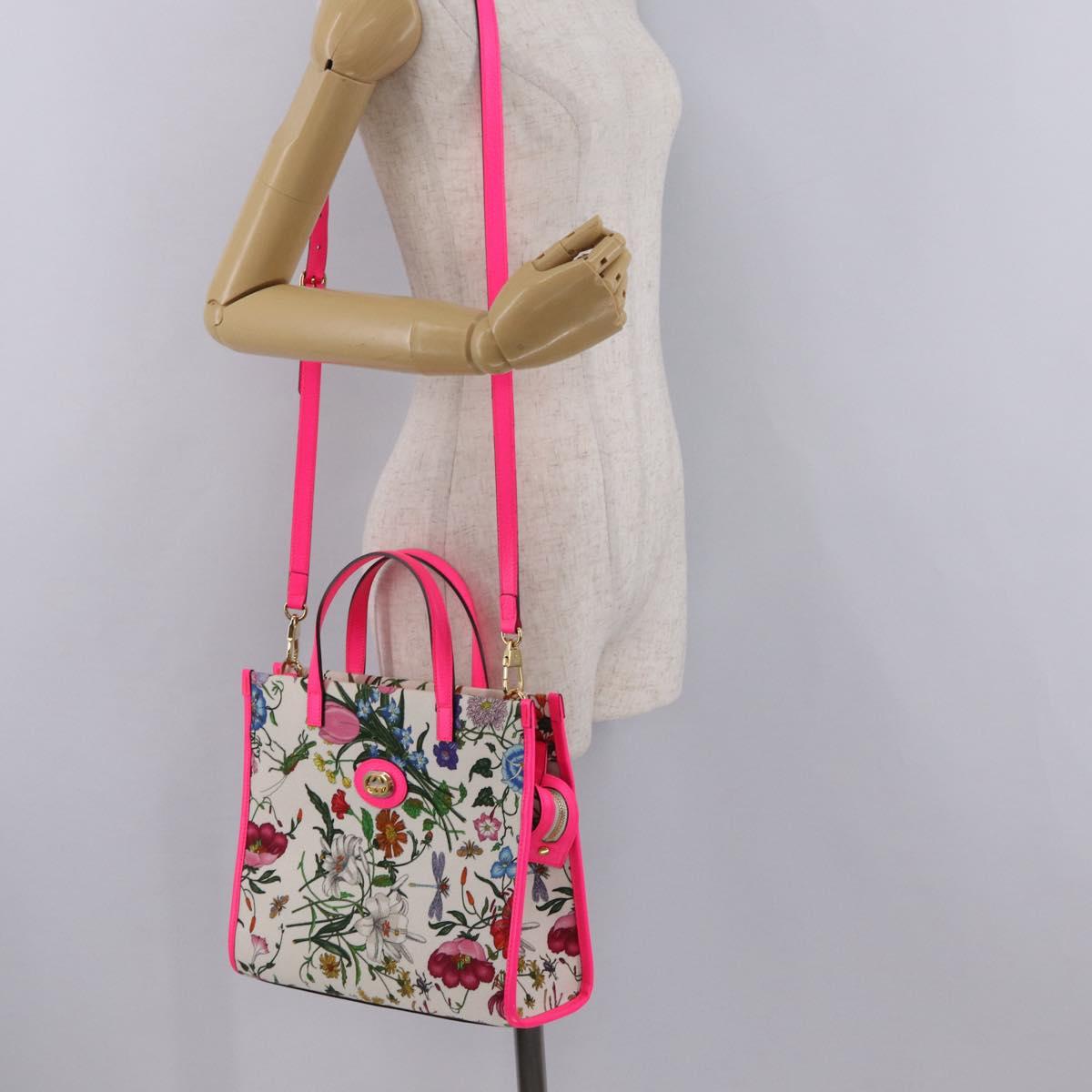 GUCCI Flora Hand Bag Canvas 2way Beige Gold 550141 Auth 211784V