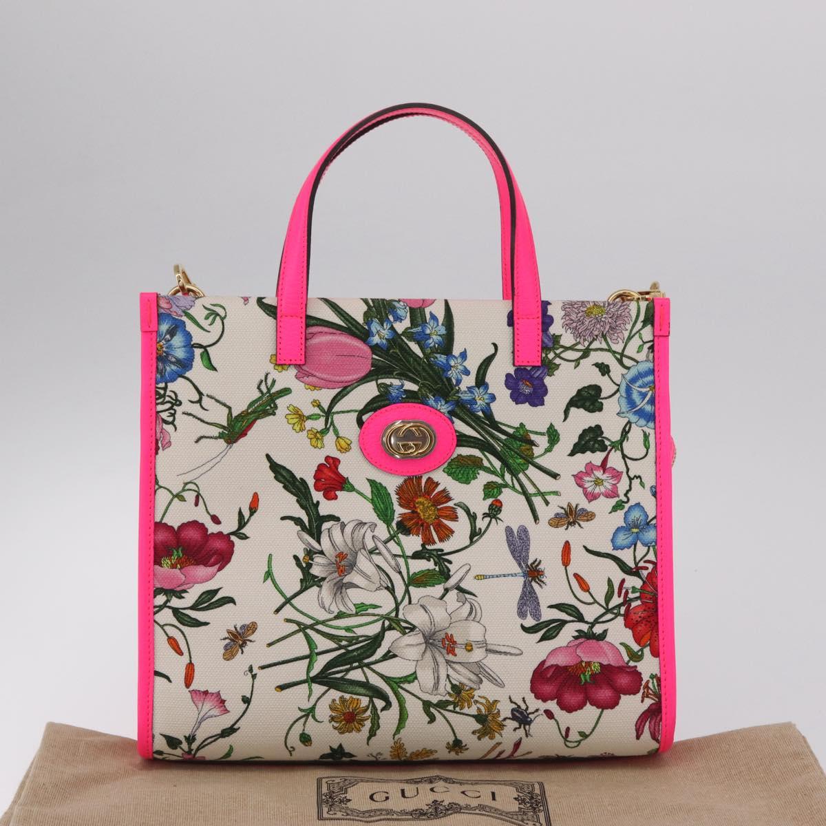 GUCCI Flora Hand Bag Canvas 2way Beige Gold 550141 Auth 211784V