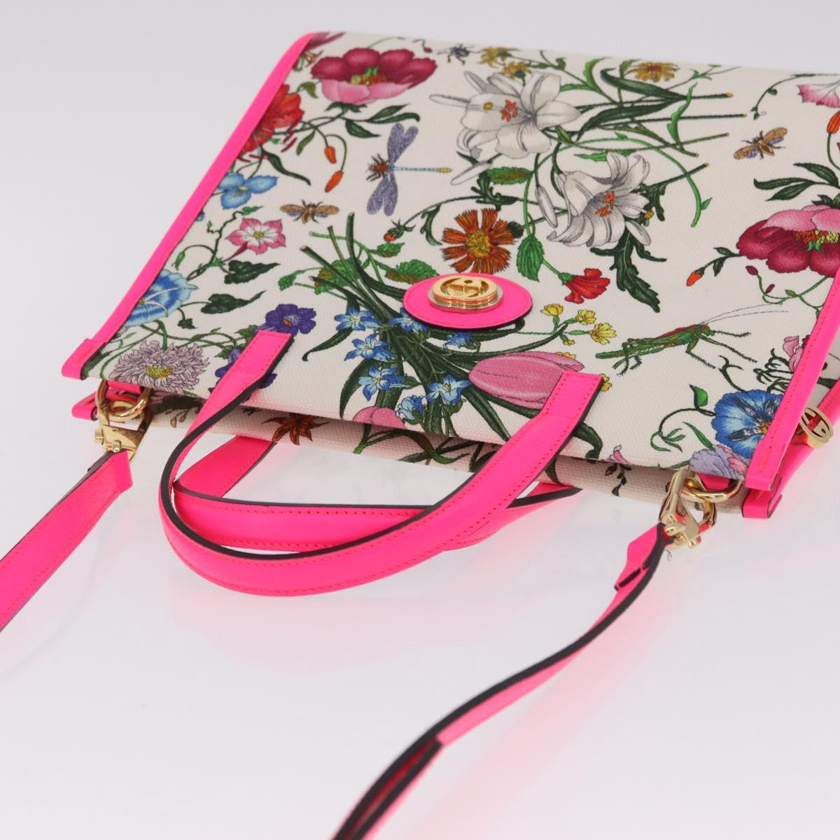 GUCCI Flora Hand Bag Canvas 2way Beige Gold 550141 Auth 211784V