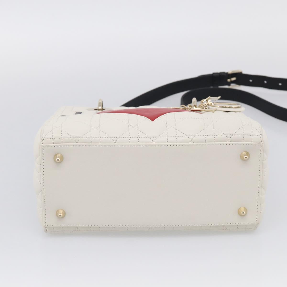 Christian Dior Lady Dior Canage Bag Lamb Skin 2way White Gold Auth 211787SAM