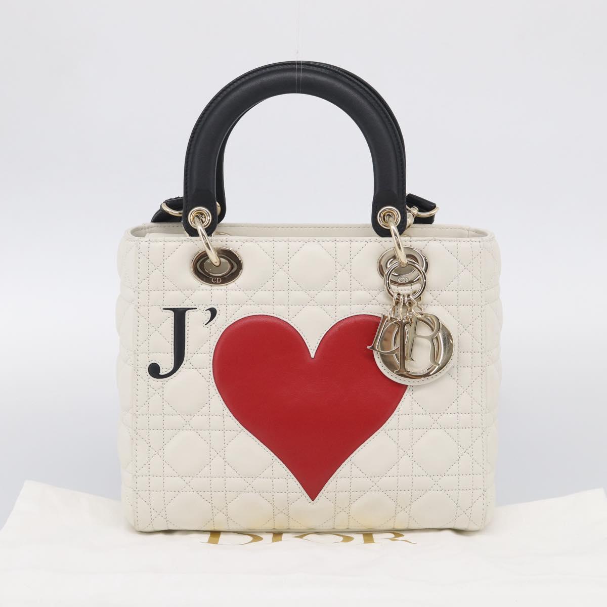 Christian Dior Lady Dior Canage Bag Lamb Skin 2way White Gold Auth 211787SAM
