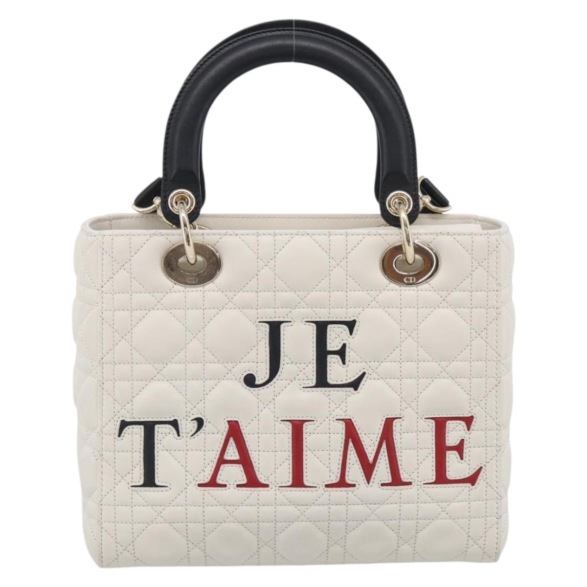 Christian Dior Lady Dior Canage Bag Lamb Skin 2way White Gold Auth 211787SAM