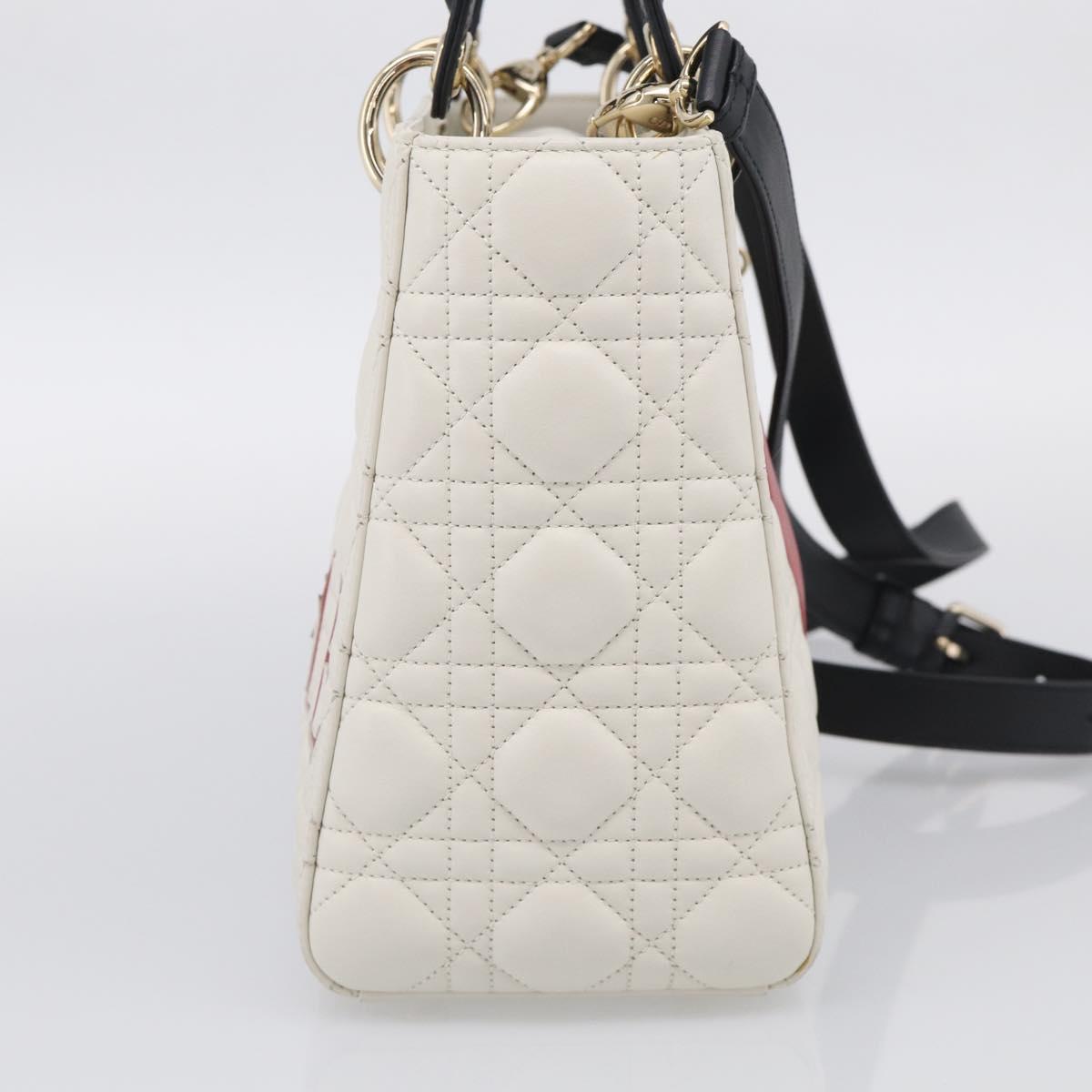 Christian Dior Lady Dior Canage Bag Lamb Skin 2way White Gold Auth 211787SAM