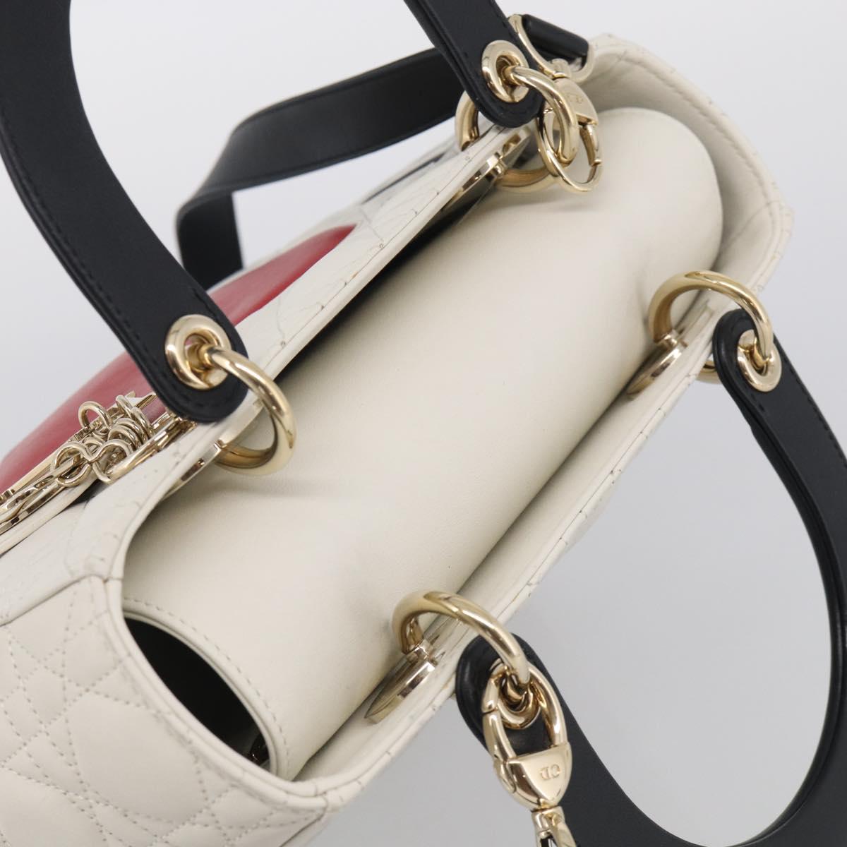 Christian Dior Lady Dior Canage Bag Lamb Skin 2way White Gold Auth 211787SAM