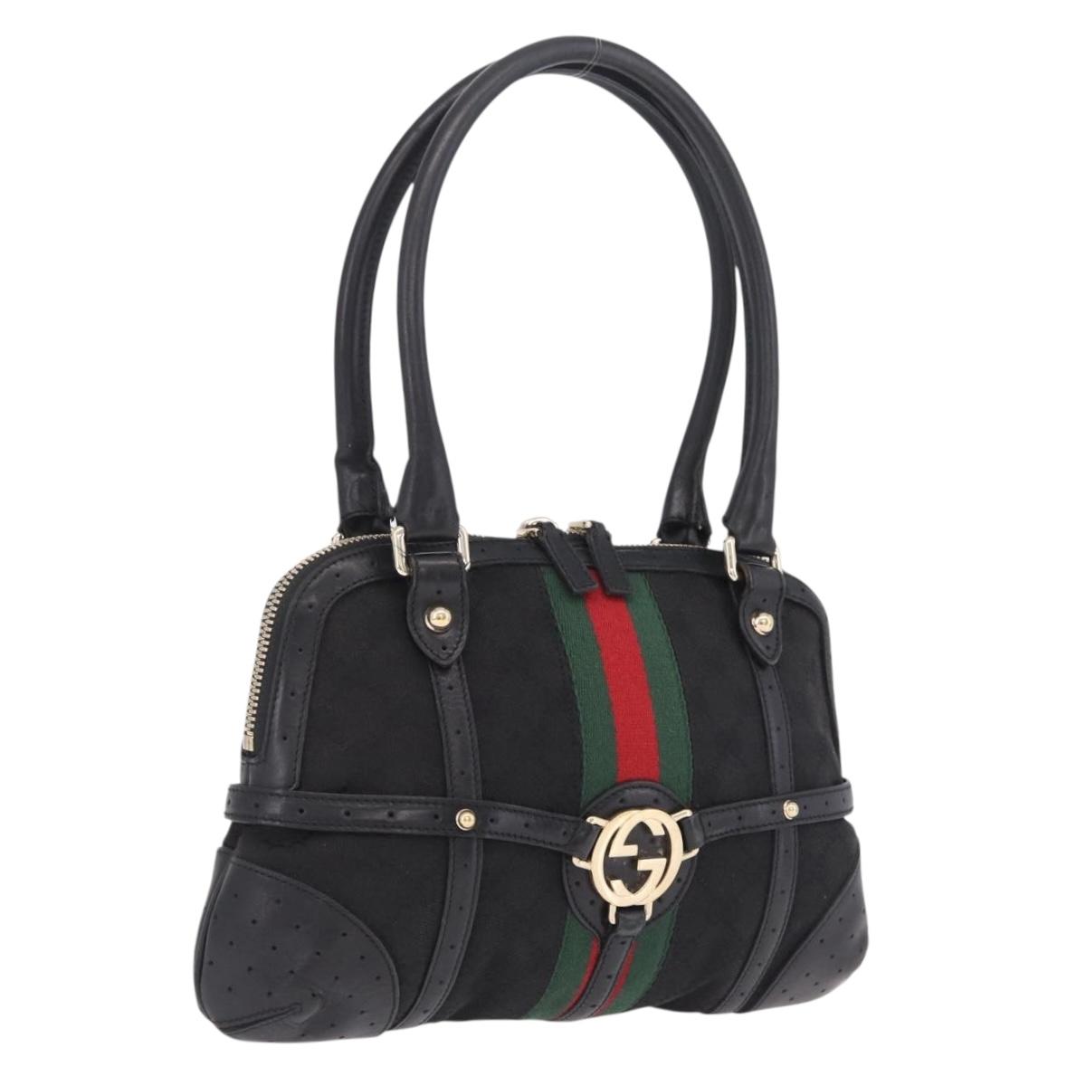 GUCCI Web Sherry Line Hand Bag Leather Black Gold 114882 Auth 211805V