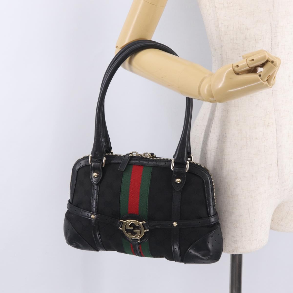 GUCCI Web Sherry Line Hand Bag Leather Black Gold 114882 Auth 211805V