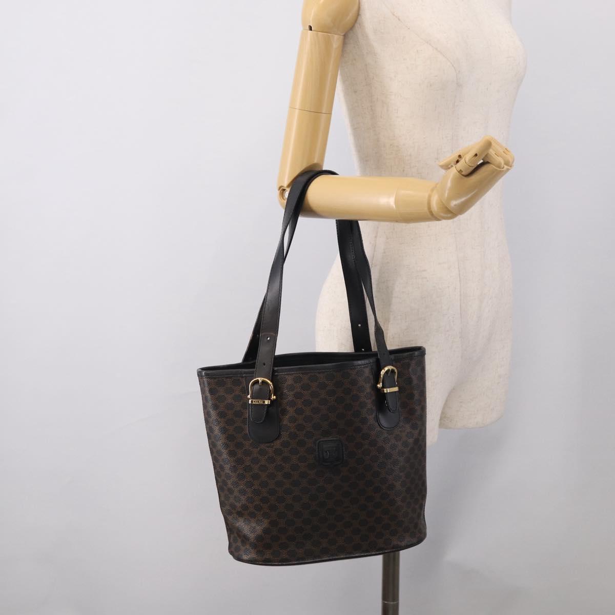 CELINE Macadam Canvas Tote Bag PVC Leather Black Gold Auth 211806A