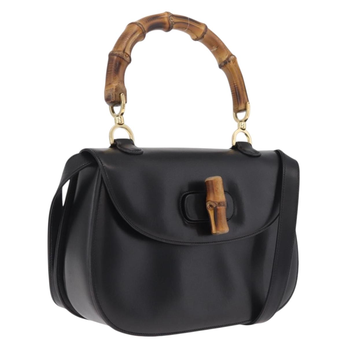 GUCCI Bamboo Hand Bag Leather 2way Black Black 000 01 0633 Auth 211807V