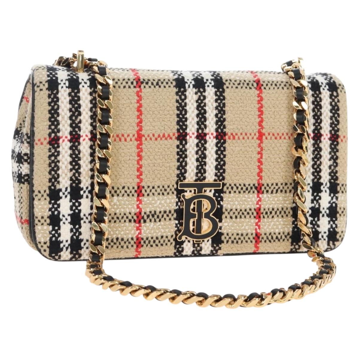 BURBERRY Chain Shoulder Bag Canvas Beige Gold Tone Auth 211838M
