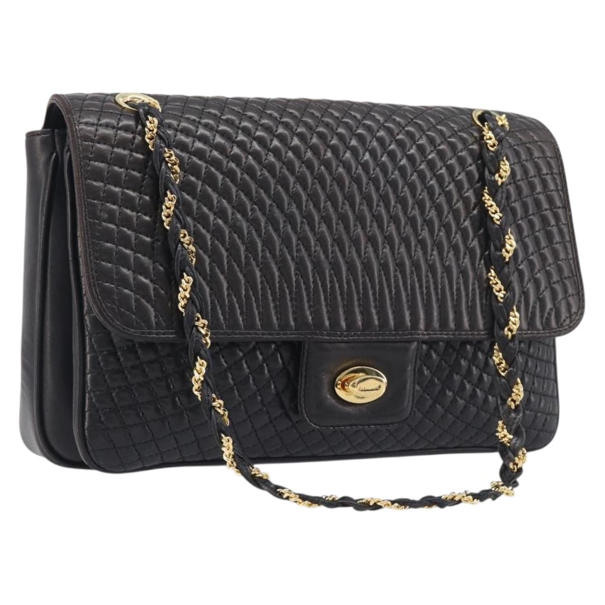 Bally Chain Shoulder Bag Leather Black Gold Auth 211840A