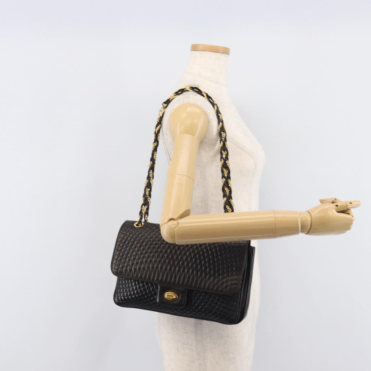Bally Chain Shoulder Bag Leather Black Gold Auth 211840A