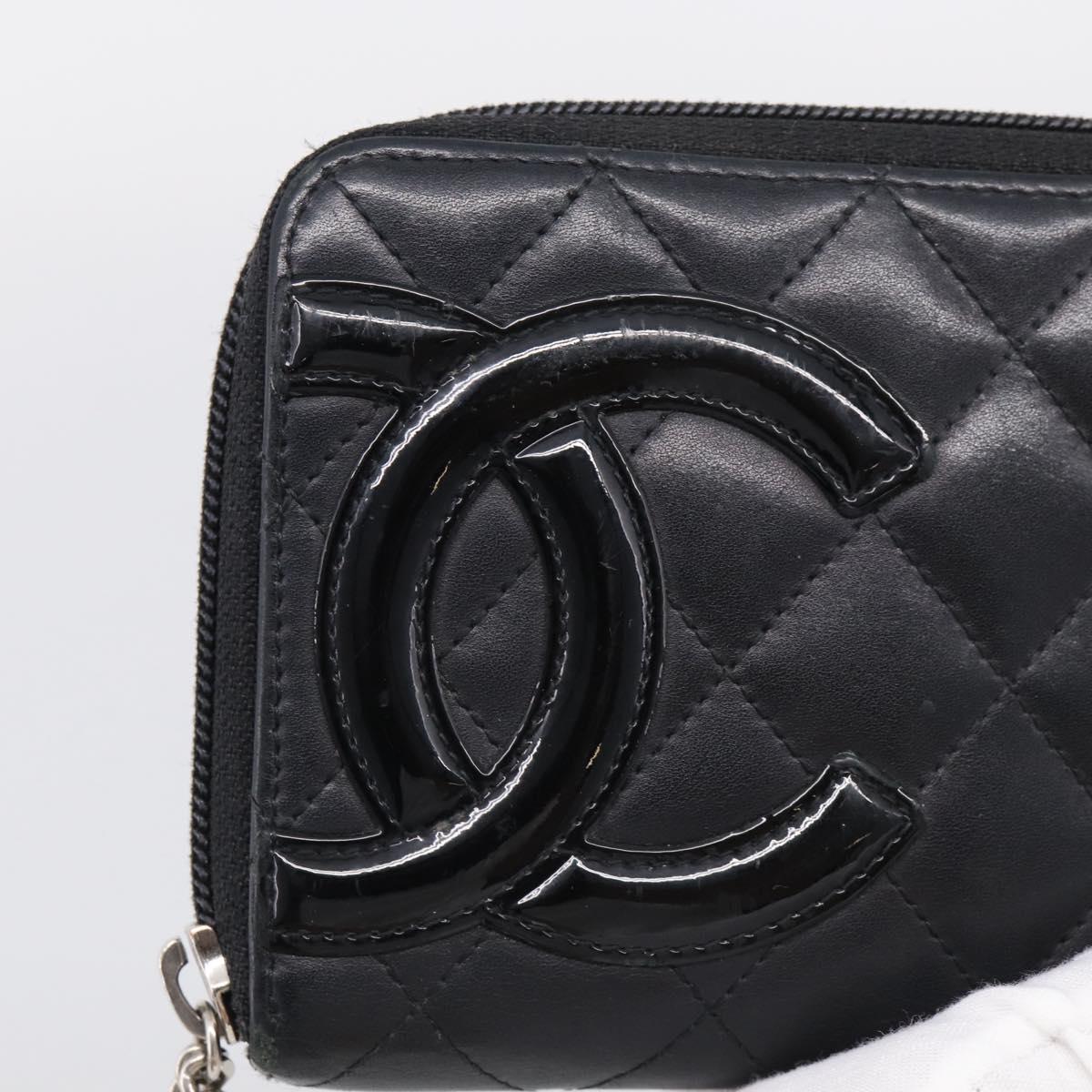 CHANEL Matelasse Cambon Line Long Wallet Lamb Skin Black Silver CC Auth 211852A