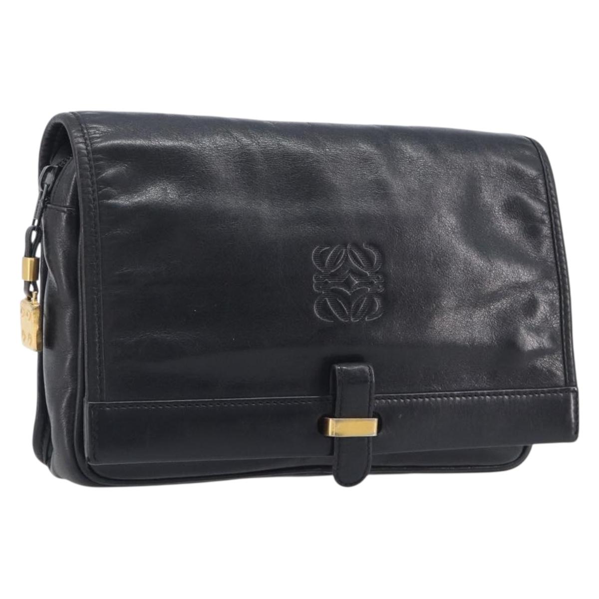 LOEWE Anagram Clutch Bag Leather Black Gold Auth 211871A