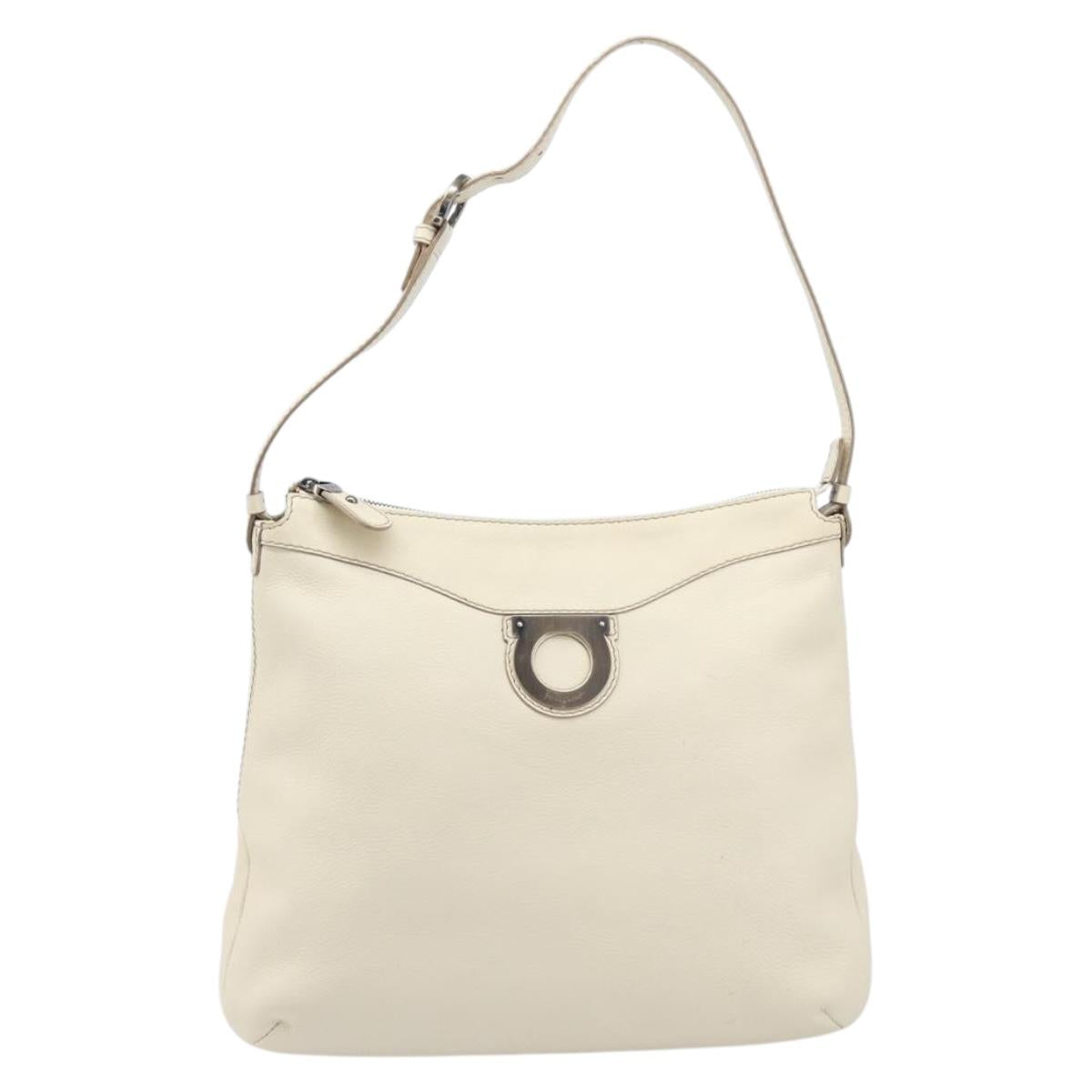 Salvatore Ferragamo Gancini Shoulder Bag Leather Ivory Silver Auth 211880A