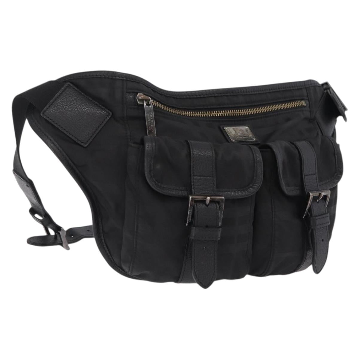 BURBERRY Nova Check Black Label Waist Bag Nylon Black Silver Auth 211885