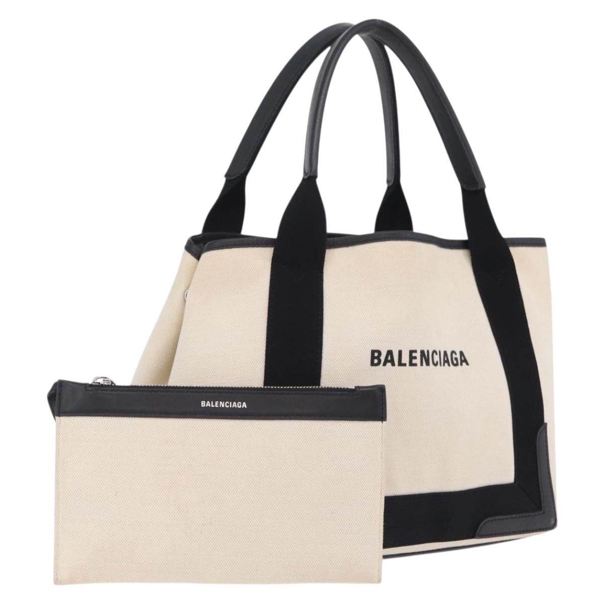 Balenciaga Navy Cabas S Hand Bag Canvas White Silver 339933 Auth 211886