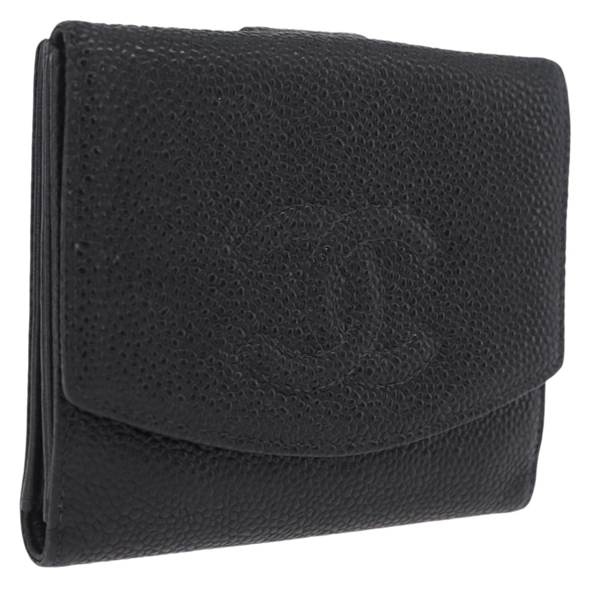 CHANEL Bifold Wallet Caviar Skin Black Gold CC Auth 211888M
