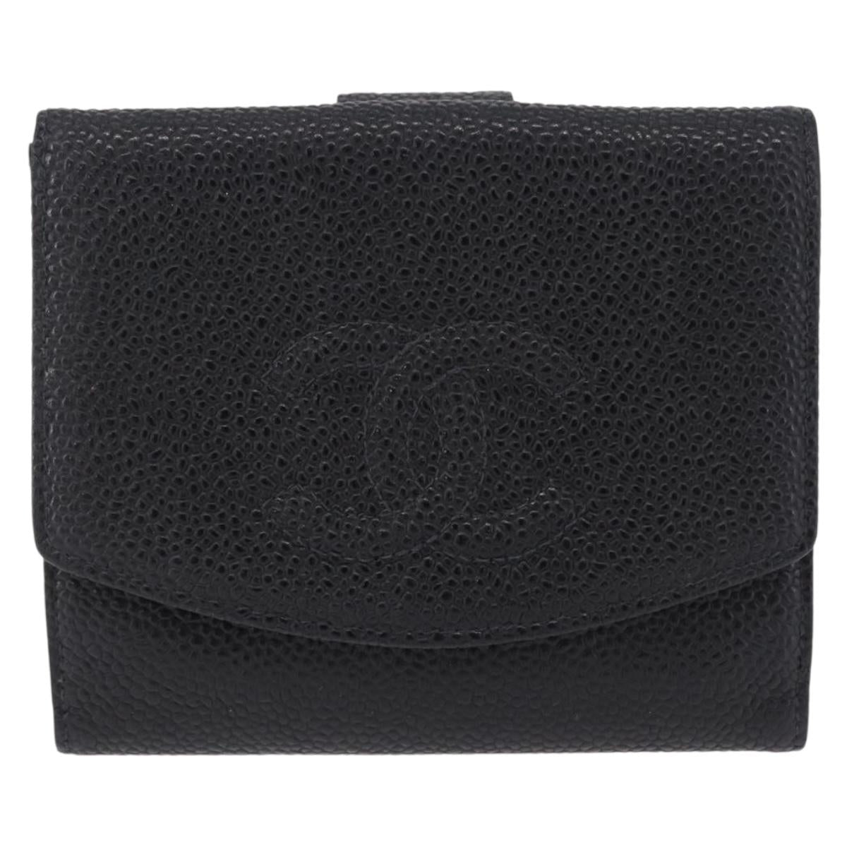 CHANEL Bifold Wallet Caviar Skin Black Gold CC Auth 211888M