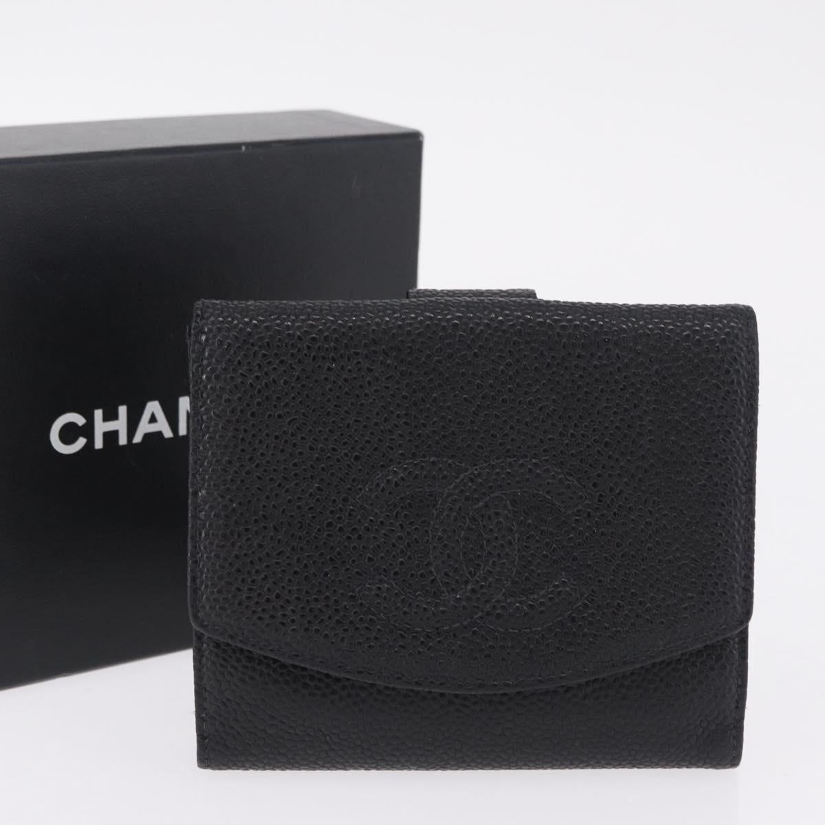 CHANEL Bifold Wallet Caviar Skin Black Gold CC Auth 211888M