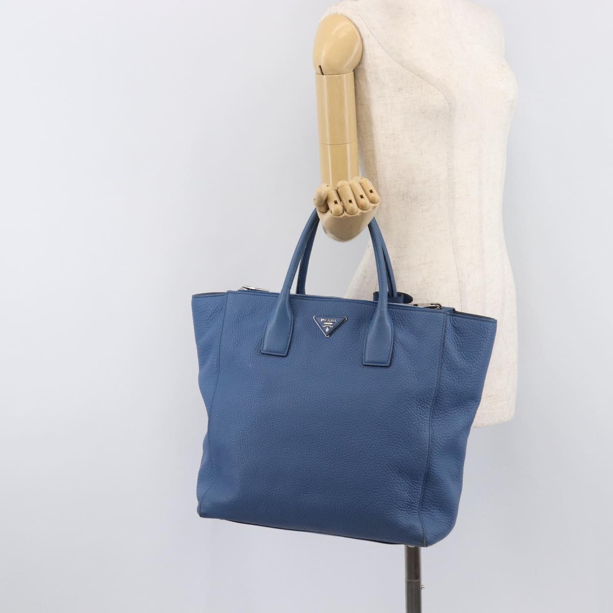 PRADA Tote Bag Leather Blue Silver Auth 211890