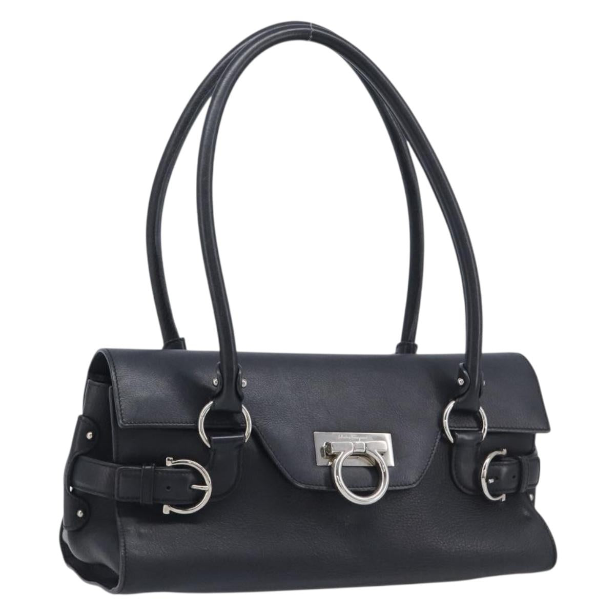 Salvatore Ferragamo Gancini Tote Bag Leather Black Silver Auth 211893V