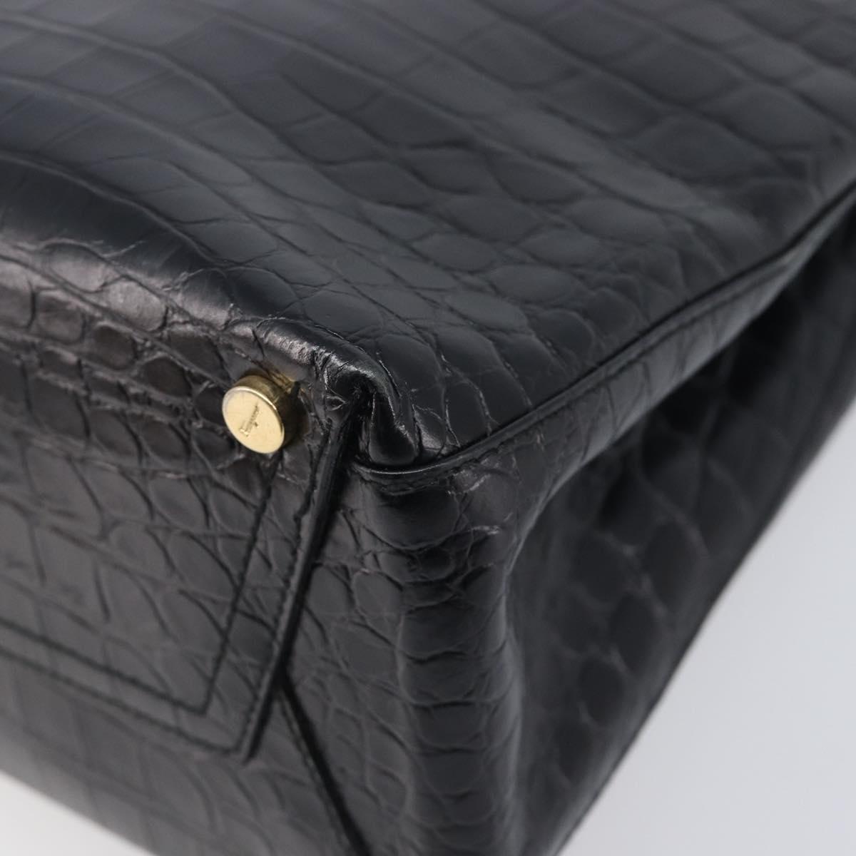 Salvatore Ferragamo Vala Bag Leather Crocodile Embossed Black Gold Auth 211896A
