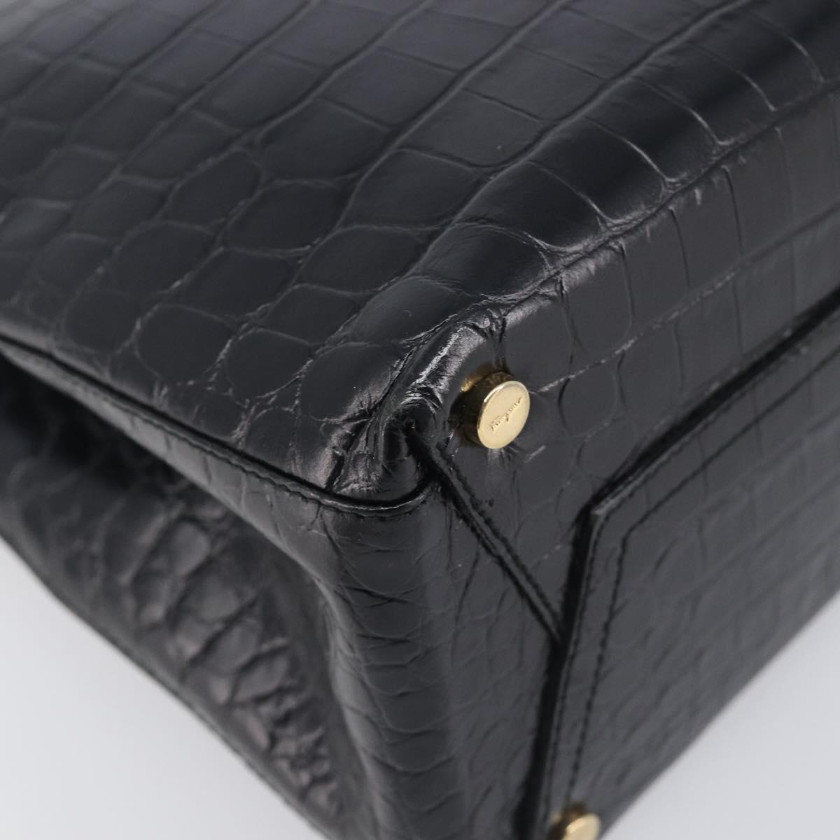 Salvatore Ferragamo Vala Bag Leather Crocodile Embossed Black Gold Auth 211896A