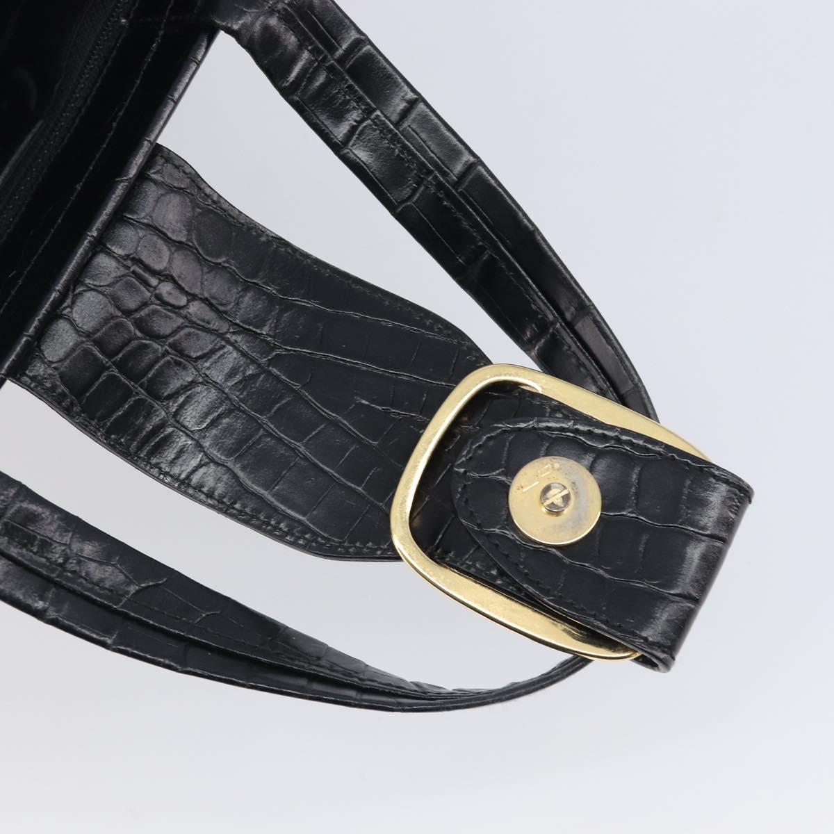 Salvatore Ferragamo Vala Bag Leather Crocodile Embossed Black Gold Auth 211896A