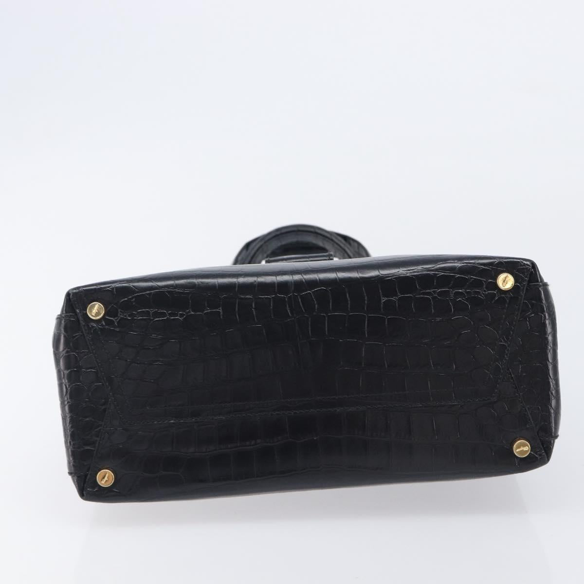 Salvatore Ferragamo Vala Bag Leather Crocodile Embossed Black Gold Auth 211896A