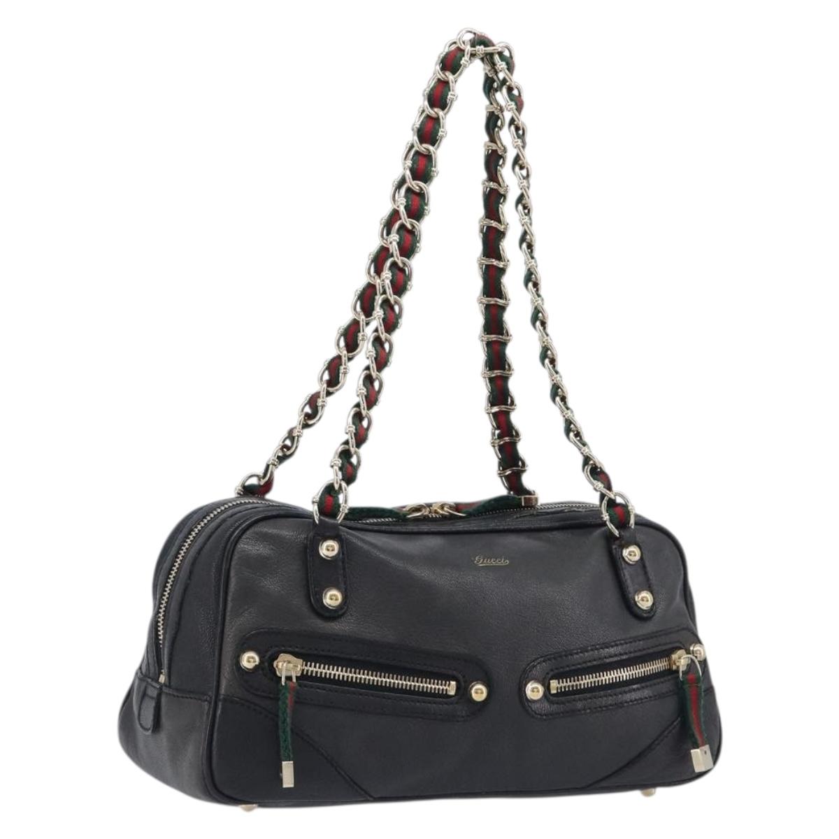 GUCCI Chain Web Sherry Line Shoulder Bag Leather Black Gold 152462 Auth 211900A