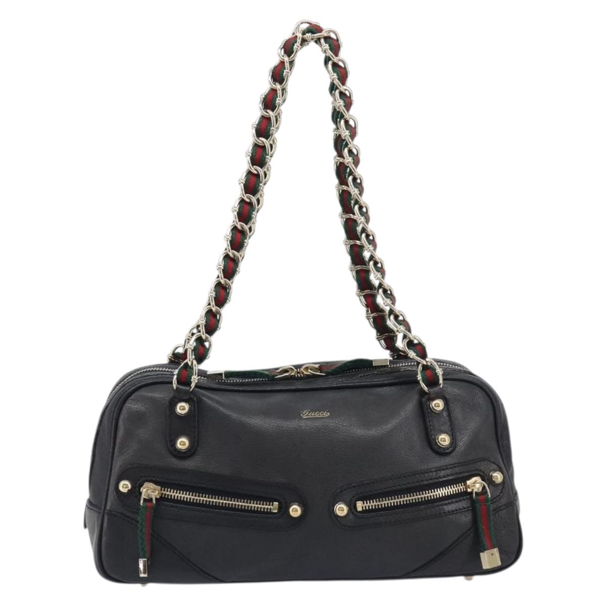 GUCCI Chain Web Sherry Line Shoulder Bag Leather Black Gold 152462 Auth 211900A