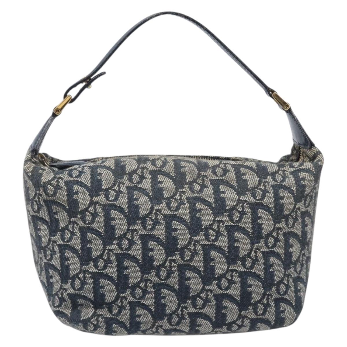Christian Dior Trotter Canvas Hand Bag Navy Gold Auth 211902A