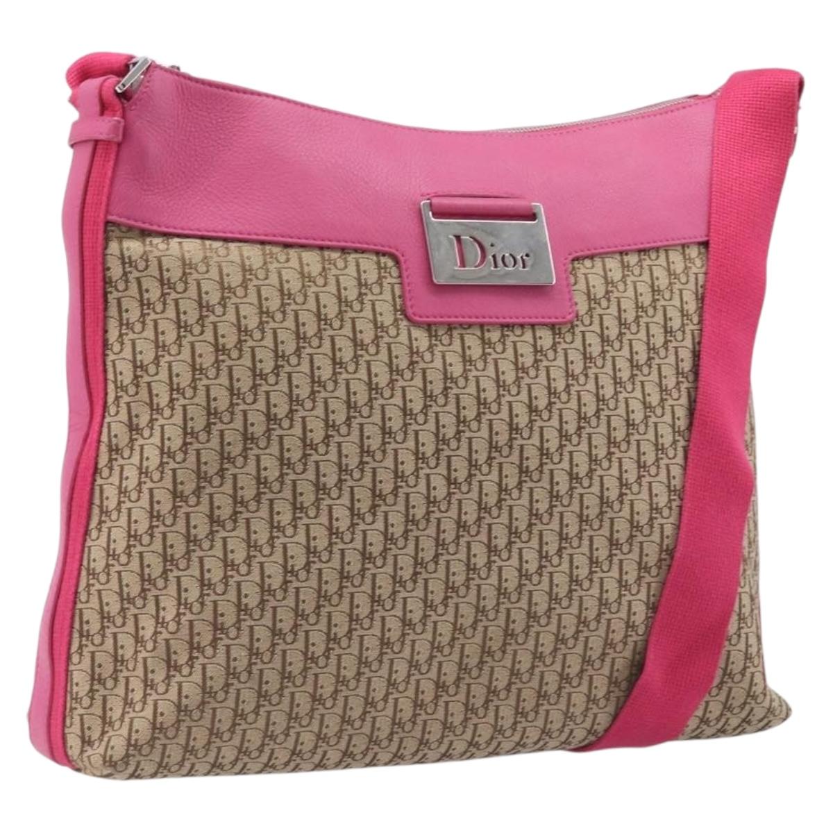 Christian Dior Trotter Canvas Shoulder Bag Beige Silver Auth 211903V