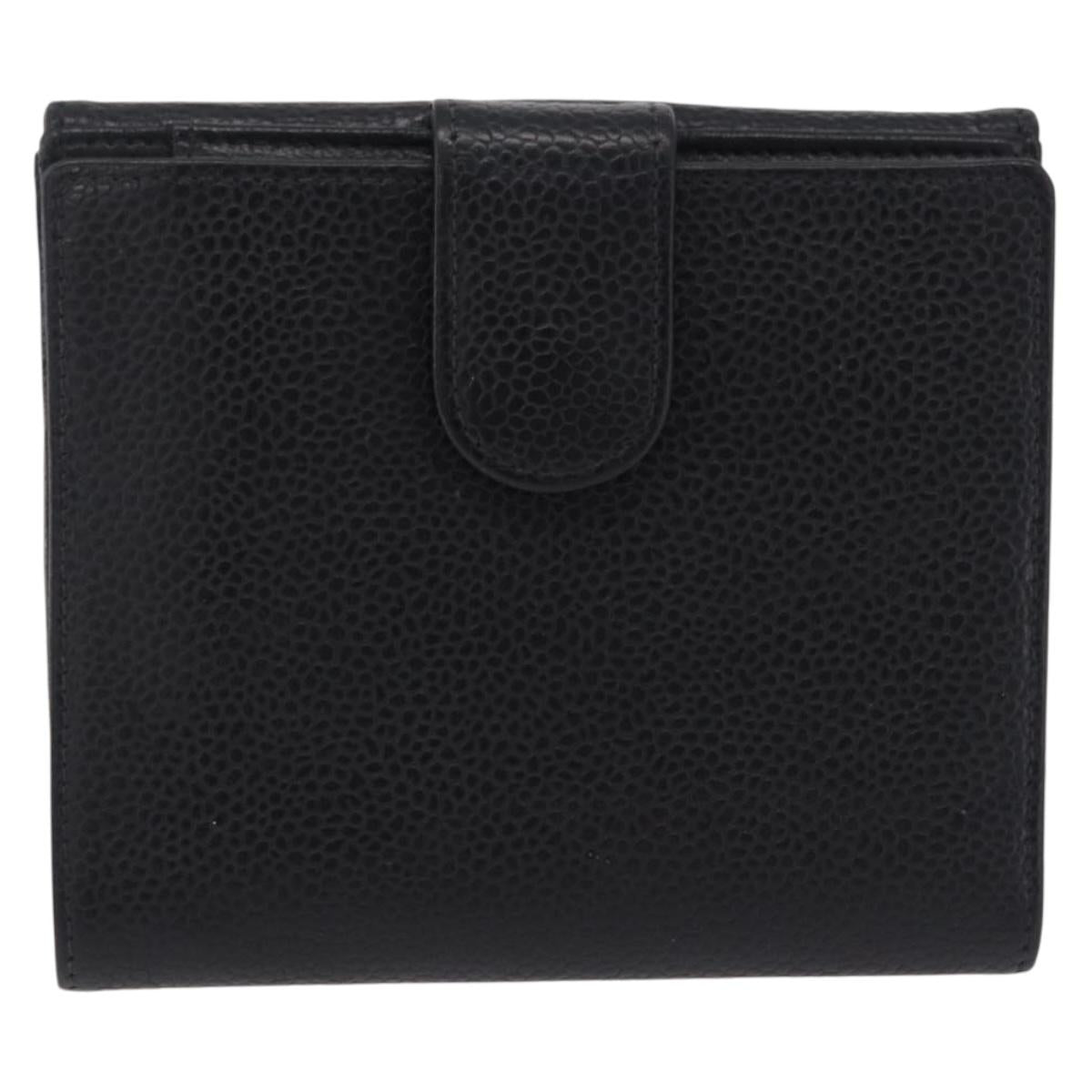 CHANEL Bifold Wallet Caviar Skin Black Gold CC Auth 211906A