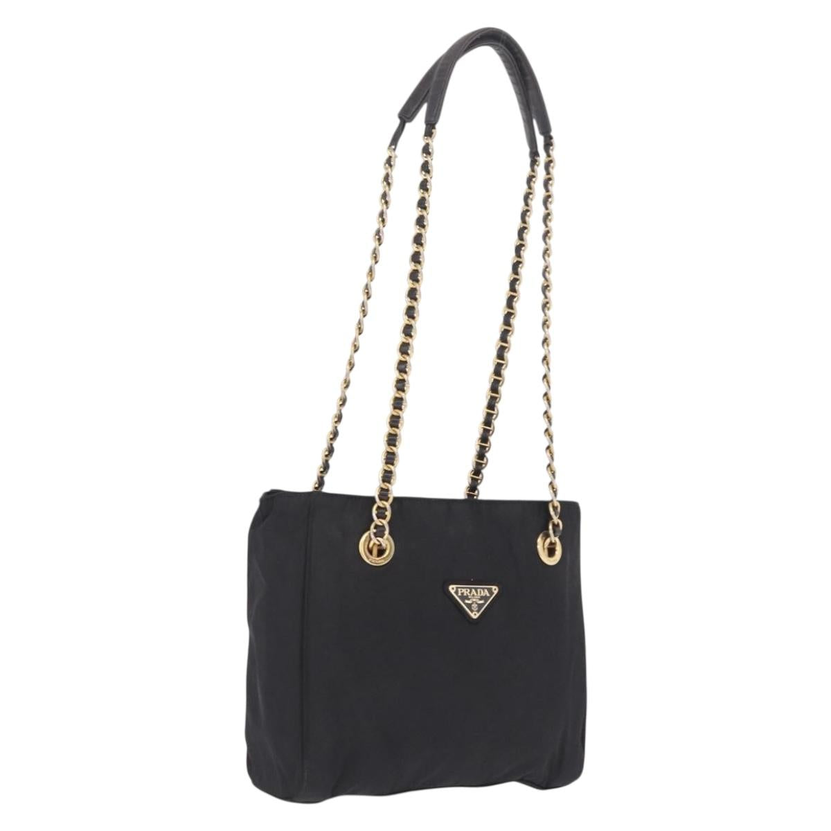 PRADA Chain Shoulder Bag Nylon Black Gold Auth 211942
