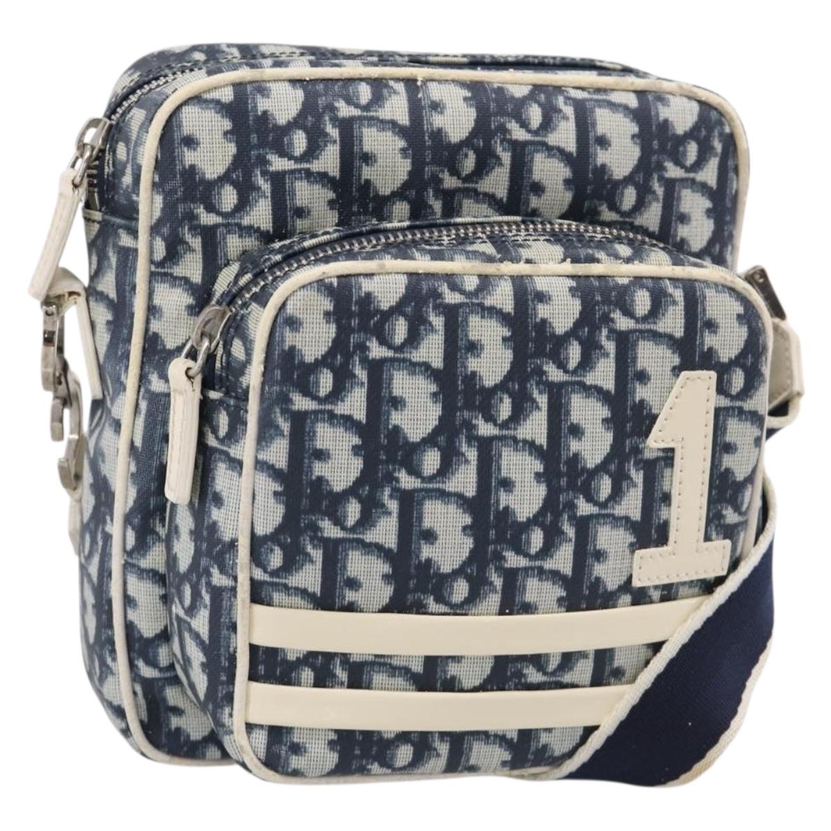 Christian Dior Trotter Canvas Shoulder Bag PVC Blue Silver Auth 211947