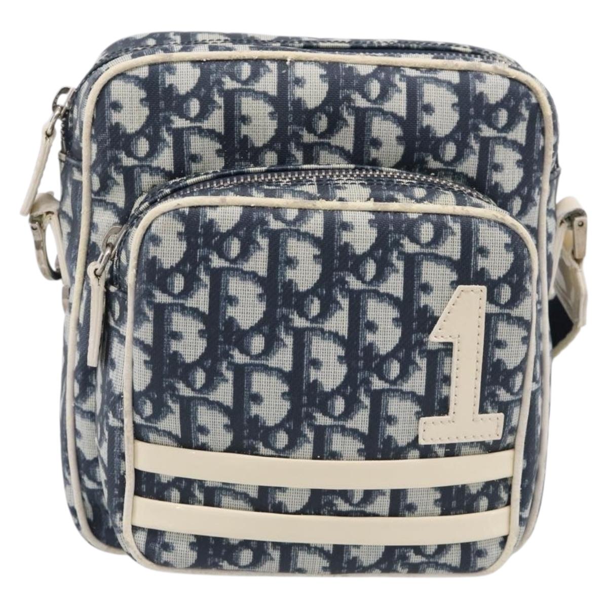 Christian Dior Trotter Canvas Shoulder Bag PVC Blue Silver Auth 211947