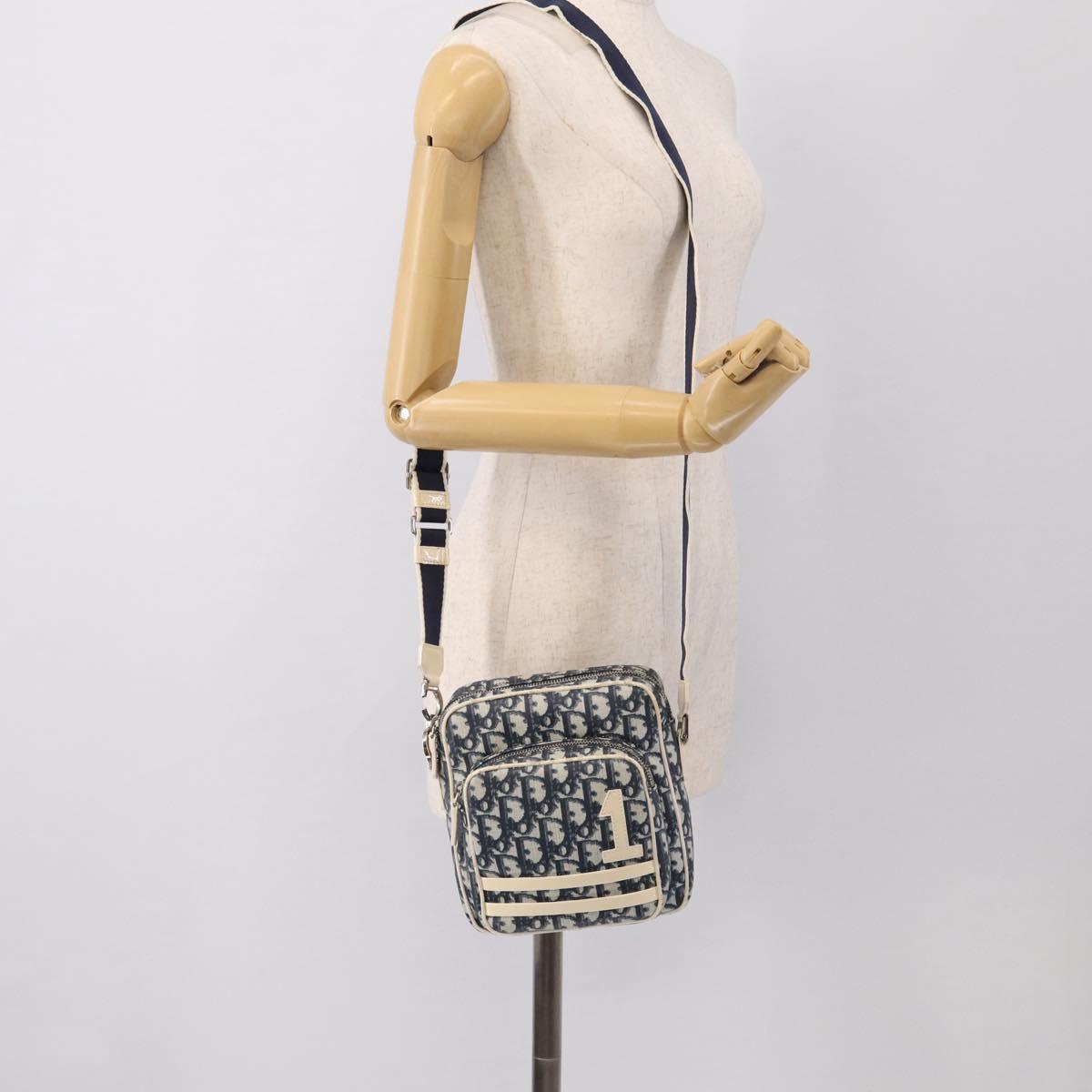 Christian Dior Trotter Canvas Shoulder Bag PVC Blue Silver Auth 211947