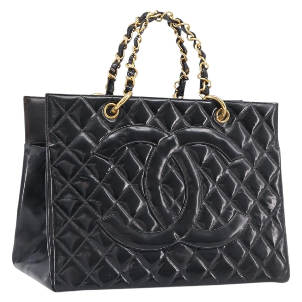 CHANEL Matelasse Chain Hand Bag Patent Leather Black Gold CC Auth 211950