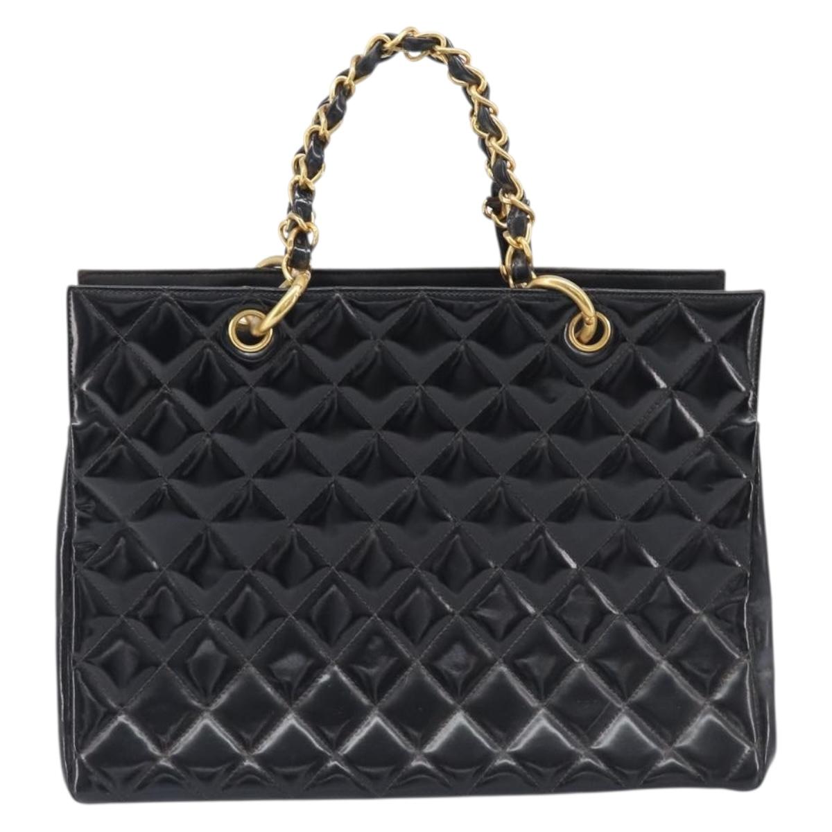 CHANEL Matelasse Chain Hand Bag Patent Leather Black Gold CC Auth 211950