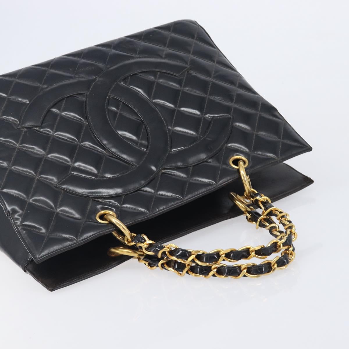 CHANEL Matelasse Chain Hand Bag Patent Leather Black Gold CC Auth 211950