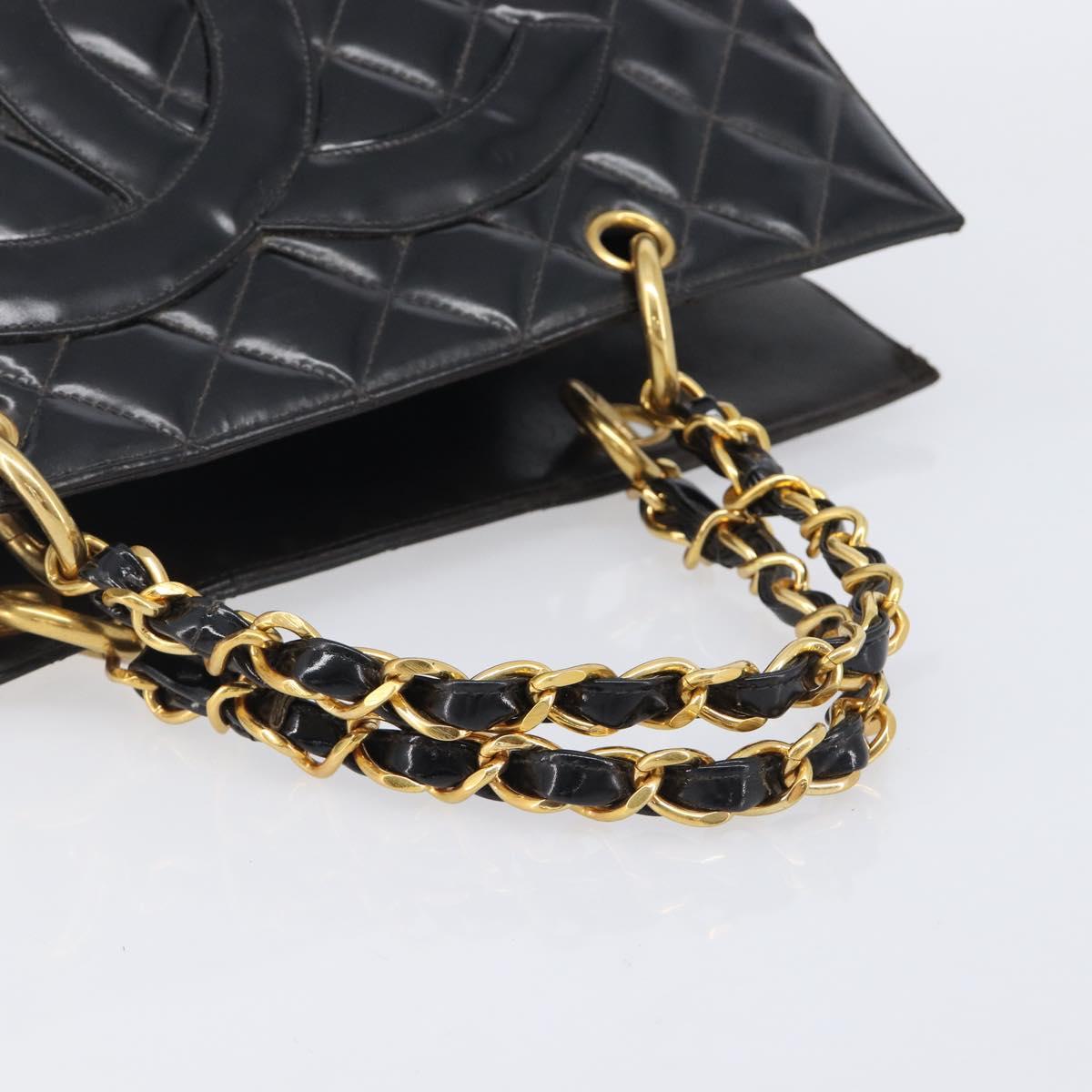 CHANEL Matelasse Chain Hand Bag Patent Leather Black Gold CC Auth 211950
