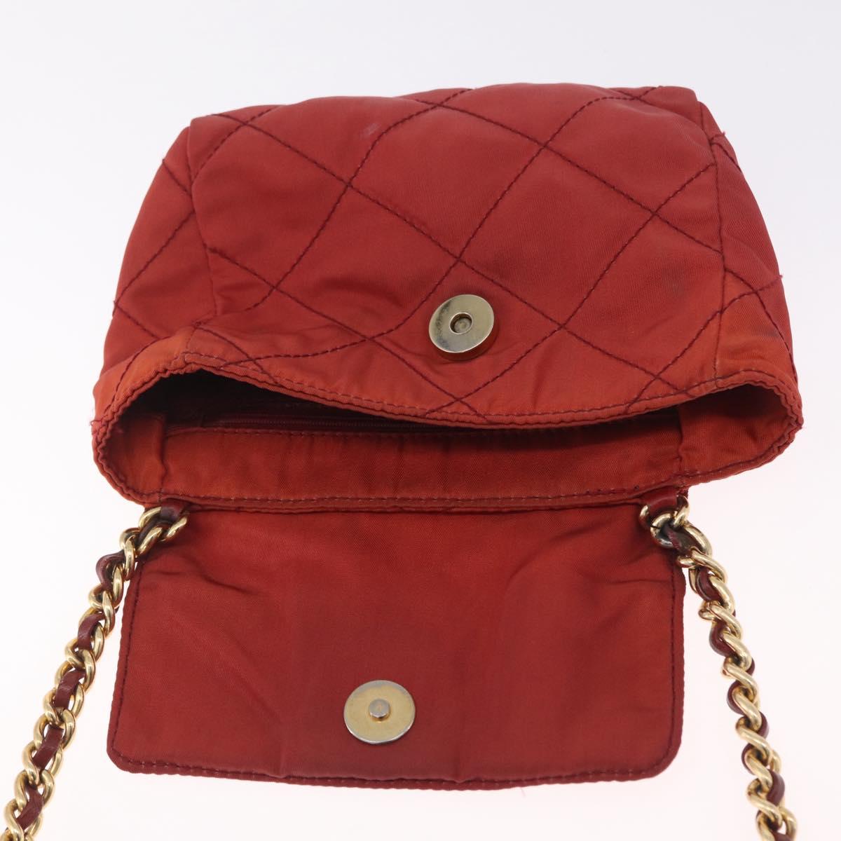 PRADA Chain Shoulder Bag Nylon Red Gold Auth 211952