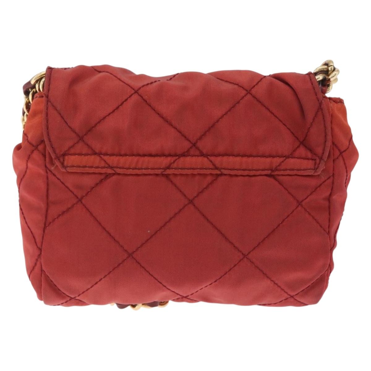 PRADA Chain Shoulder Bag Nylon Red Gold Auth 211952