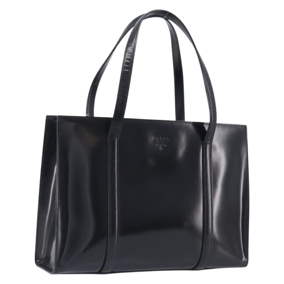 PRADA Hand Bag Patent Leather Black Silver Auth 211963