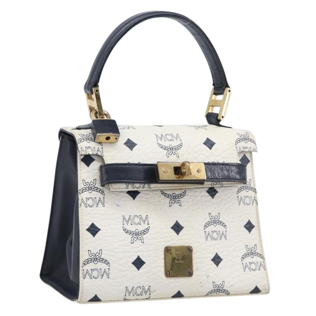 MCM Vicetos Logogram Hand Bag PVC Leather White Gold Auth 211968