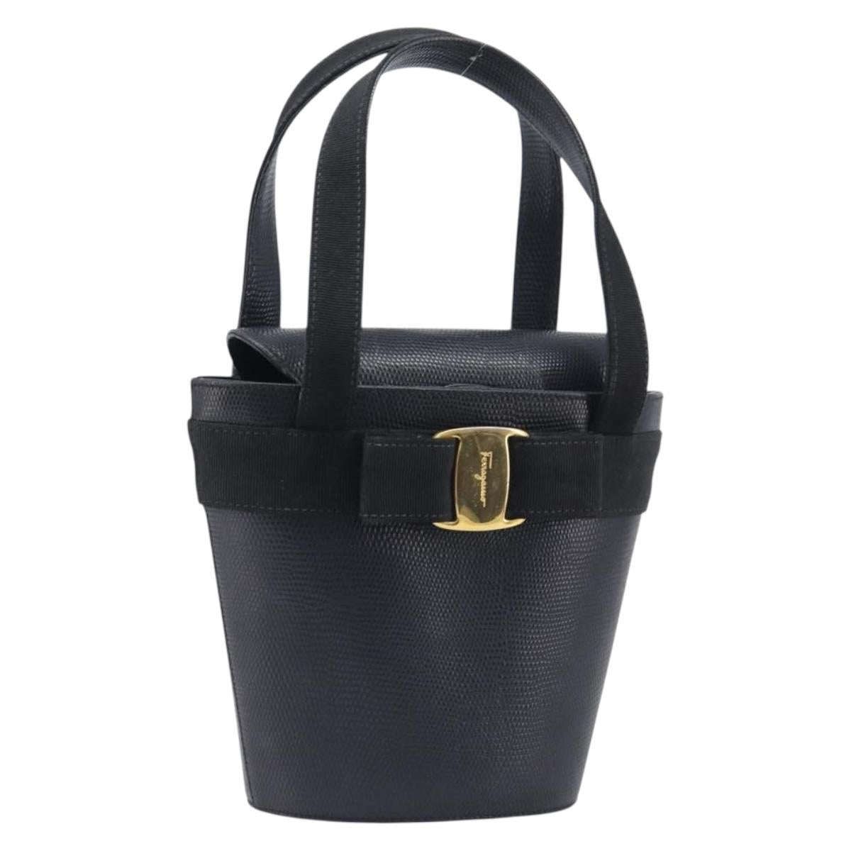 Salvatore Ferragamo Vala Hand Bag Leather Embossed Black Gold Auth 211974A